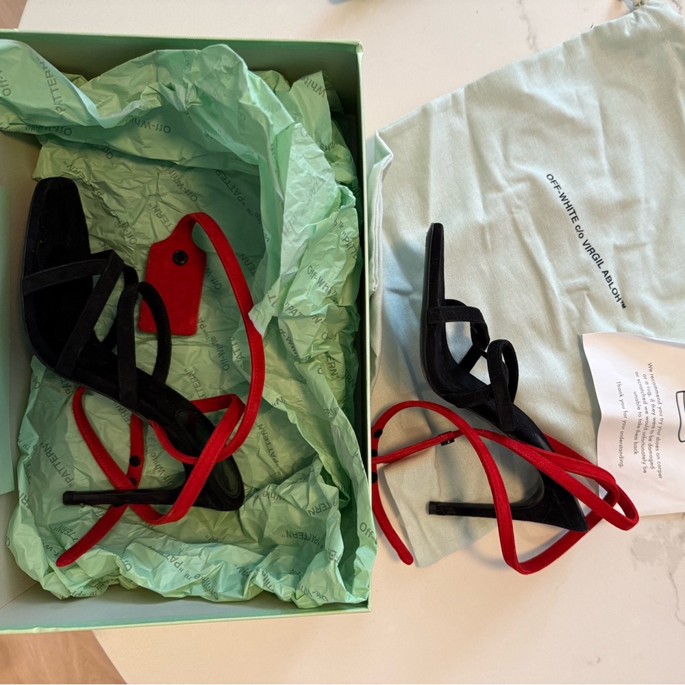 Off-White Black Suede Strappy Heels with Red Ankle Wraps